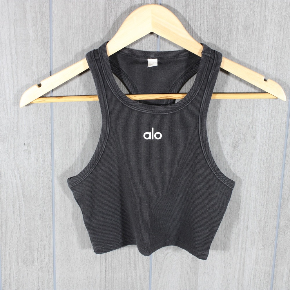 Alo Yoga Ribbed Logo Racerback Crop Tank Top Black - Size XS